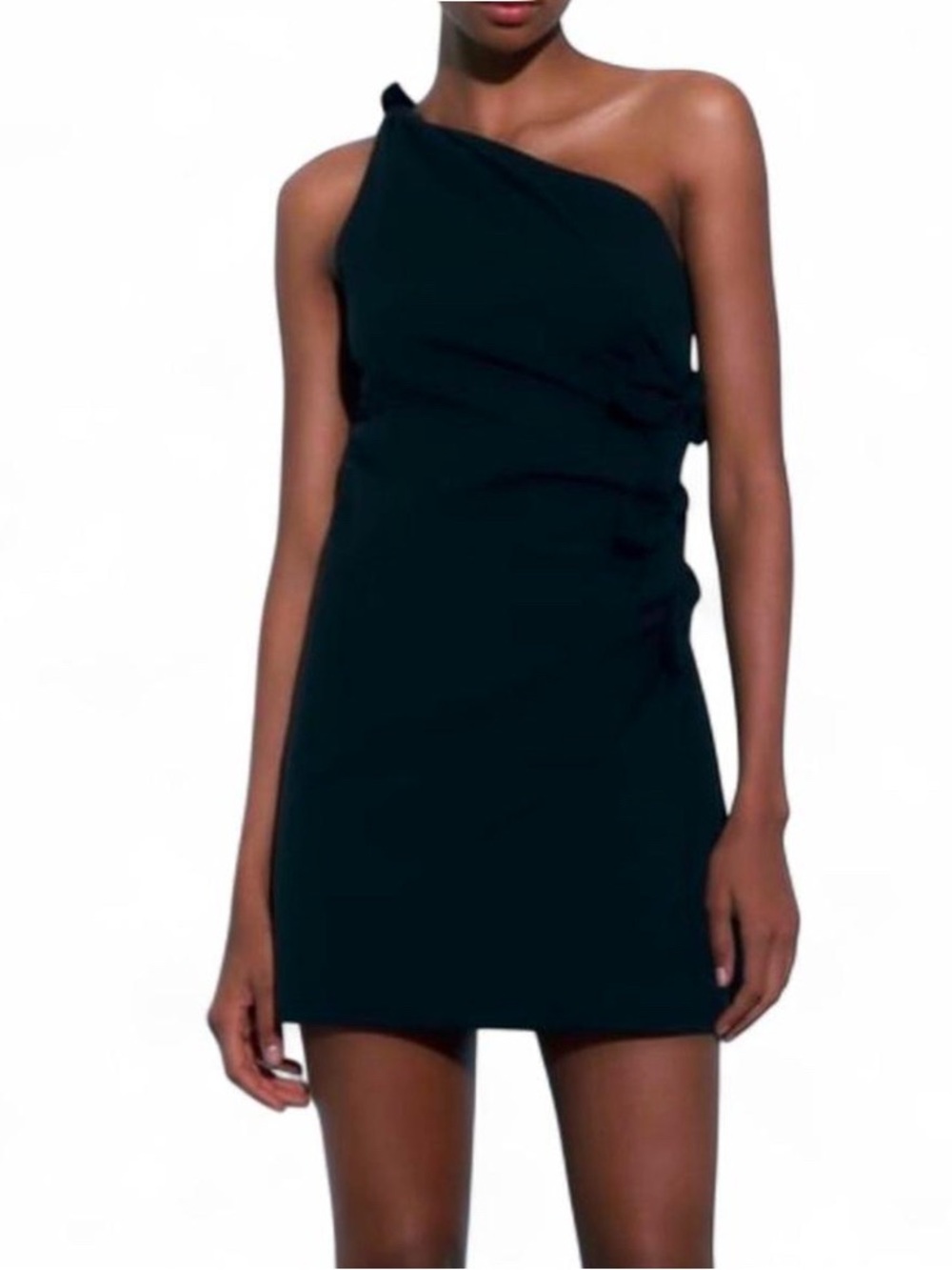 Zara Knotted One-Shoulder Black Mini Dress with Side Detail